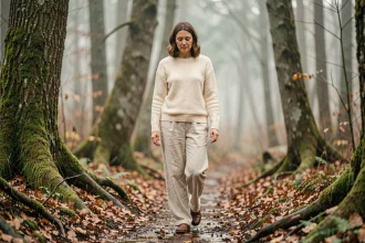 Femme pratiquant la marche méditative sur un sentier forestier automnal entouré de brume et de feuilles mortes