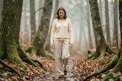 Femme pratiquant la marche méditative sur un sentier forestier automnal entouré de brume et de feuilles mortes