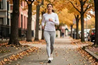 Femme marchant d'un pas vif sur un trottoir bordé d'arbres en automne pour perdre du poids