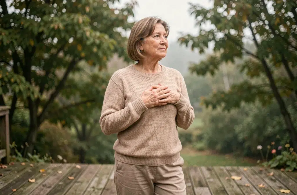 Femme mature pratiquant la cohérence cardiaque sur une terrasse en bois entourée de verdure en plein air