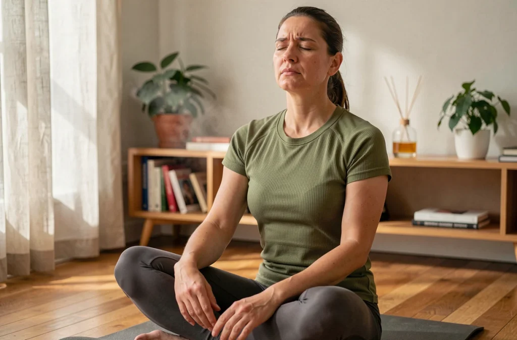 Femme pratiquant la respiration consciente sur un tapis de yoga à la maison pour gérer le stress et prévenir la prise de poids