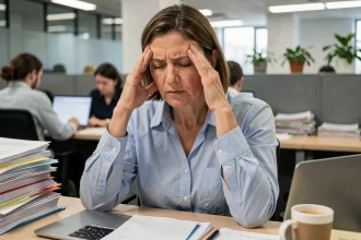 Femme au bureau souffrant d'une migraine, les doigts sur les tempes, entourée de documents et d'un ordinateur portable