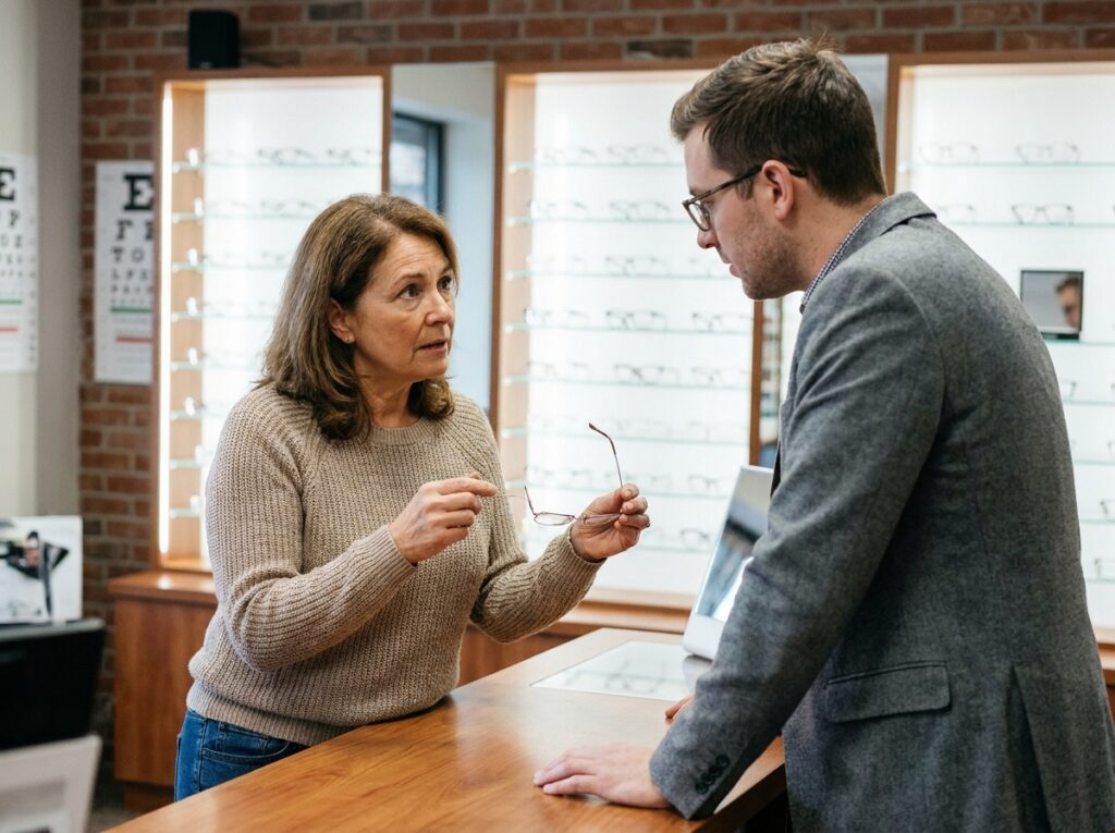Femme présentant ses lunettes abîmées à un opticien en magasin lors d'une déclaration de sinistre optique