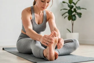 Femme examinant son pied égyptien lors d'un étirement sur tapis de yoga à domicile