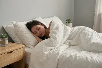 Femme dormant paisiblement dans une chambre minimaliste, illustrant l'importance du sommeil pour la gestion du poids