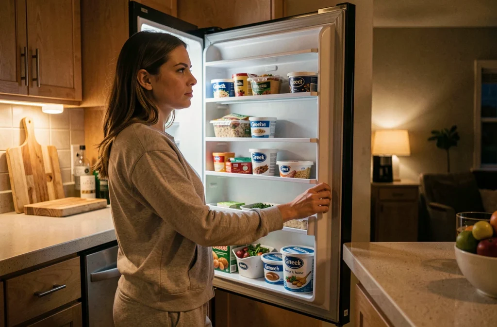 Jeune femme en tenue décontractée regardant l'intérieur de son réfrigérateur avec hésitation, illustrant les mauvais choix alimentaires lors d'un régime