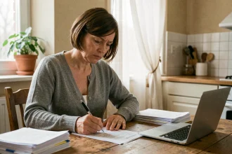 Femme remplissant un dossier MDPH à son domicile, formulaires administratifs sur une table en bois