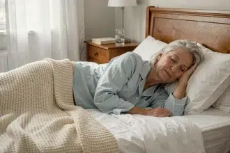 Femme retraitée dormant paisiblement dans un lit confortable avec des draps blancs, illustration d'un sommeil de qualité après la retraite