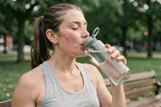 Femme sportive qui boit de l'eau après l'effort dans un parc urbain, illustrant l'importance de l'hydratation pour maintenir son énergie