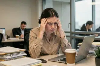 Femme stressée au bureau les mains sur les tempes entourée de dossiers illustrant le lien entre stress professionnel et prise de poids