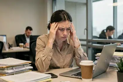 Femme stressée au bureau les mains sur les tempes entourée de dossiers illustrant le lien entre stress professionnel et prise de poids