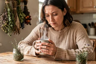 Femme tenant une tasse de tisane au thym entre ses mains dans une cuisine rustique, cure courte contre le rhume