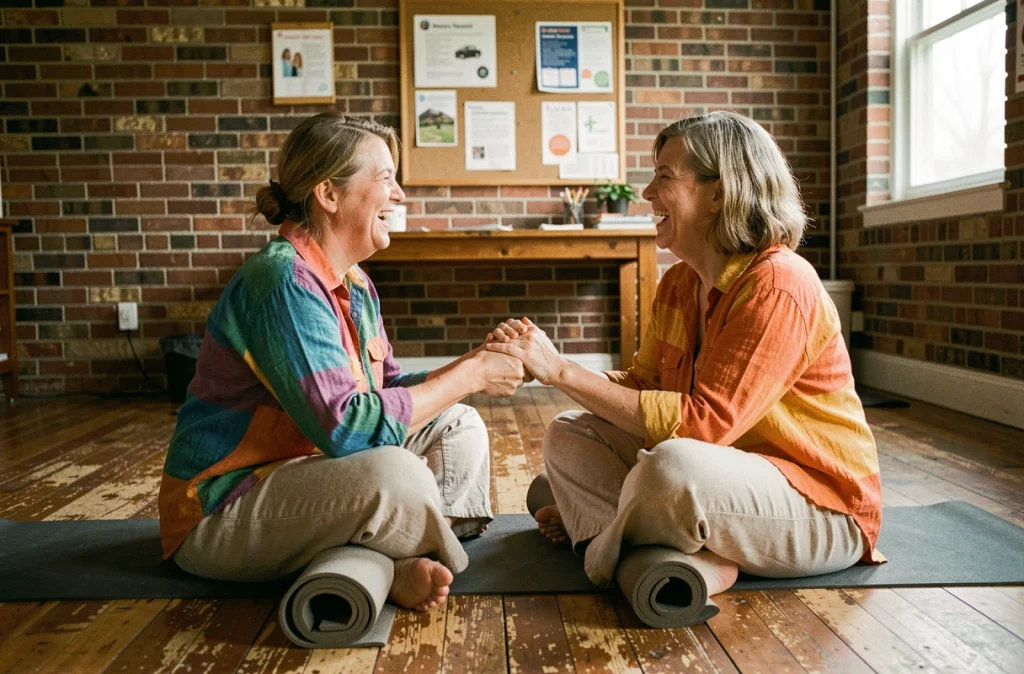 Deux femmes riant ensemble lors d'une séance de yoga du rire dans une salle communautaire aux murs en briques