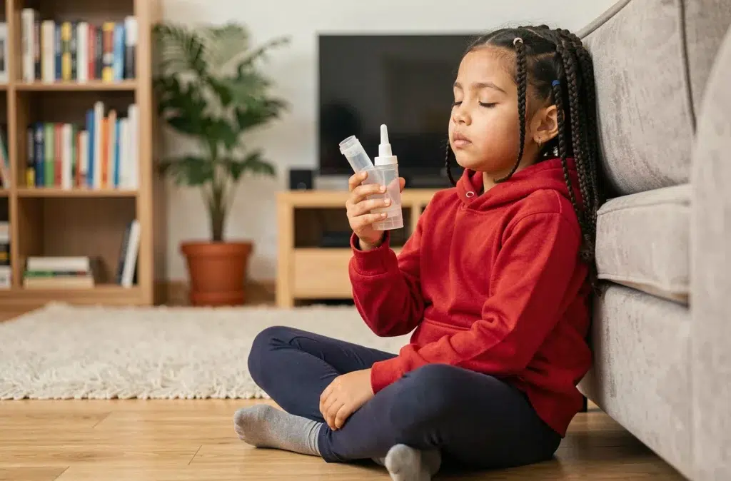 Fillette utilisant un spacer et un inhalateur pour traiter son asthme à la maison