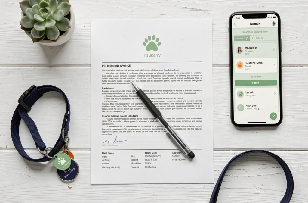 Flat lay d'un contrat d'assurance chien, collier et smartphone sur un bureau blanc, vue de dessus