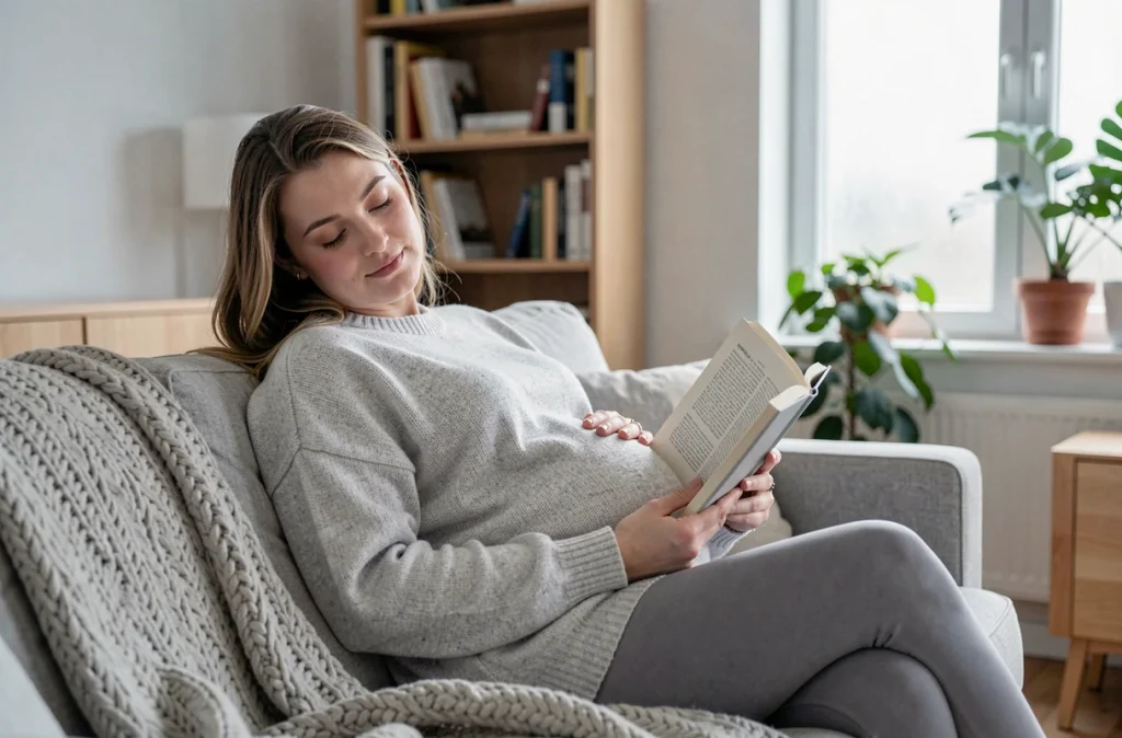 Future maman assoupie sur un canapé scandinave avec un livre ouvert, pull gris ample et plaid en laine, ambiance douce et naturelle