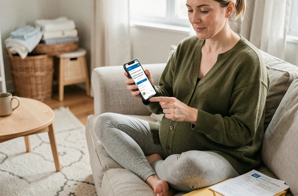 Future mère consultant les démarches administratives en ligne sur son téléphone depuis chez elle
