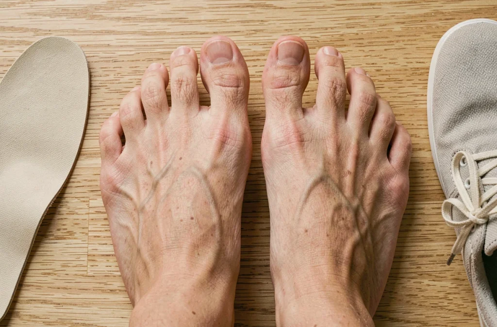 Gros plan des pieds d'une femme montrant la morphologie du pied égyptien avec semelles orthopédiques