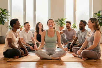 Groupe d'adultes pratiquant le yoga du rire dans un studio lumineux avec parquet en bois et plantes vertes