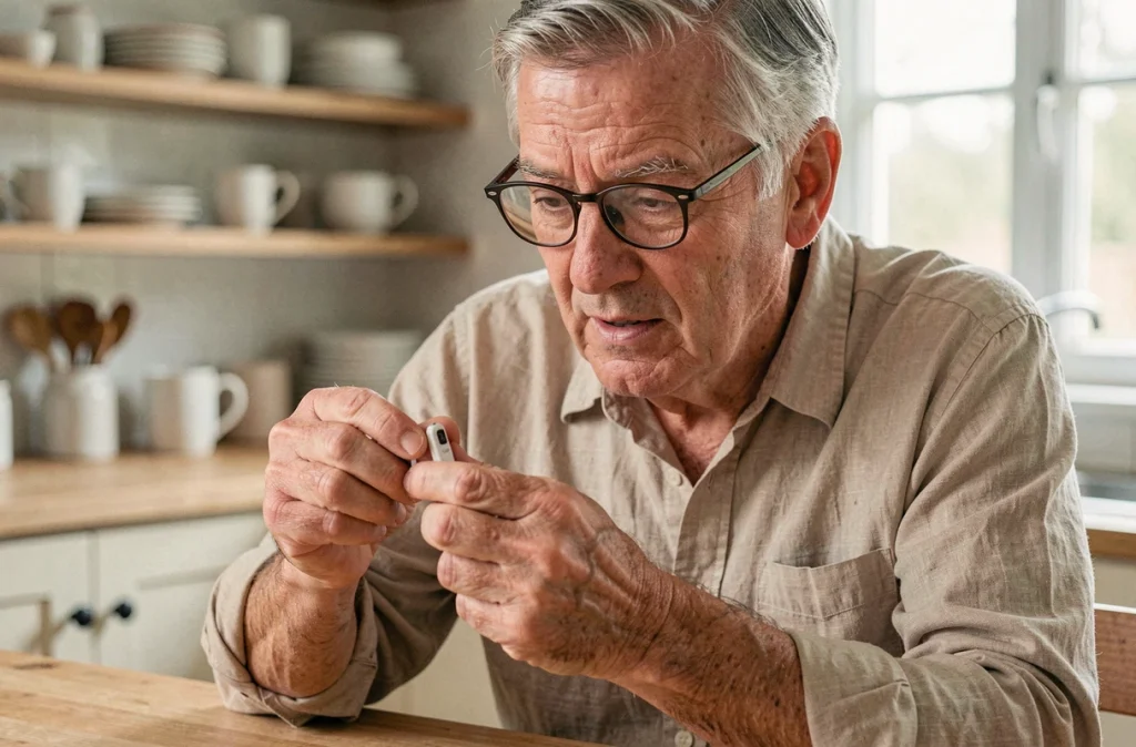 Un homme âgé de 68 ans examinant une aide auditive dans sa cuisine, concept de dépistage auditif à domicile
