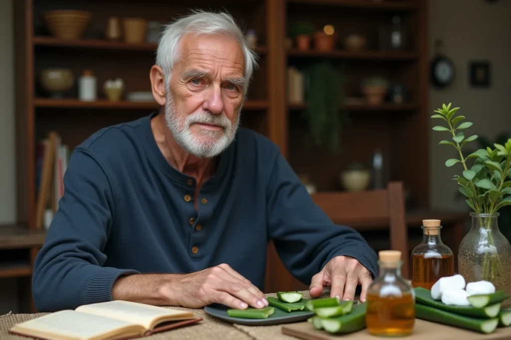 Homme âgé assis devant des ingrédients de remèdes naturels pour traiter une verrue séborrhéique, carnet de recettes ouvert sur une table en bois