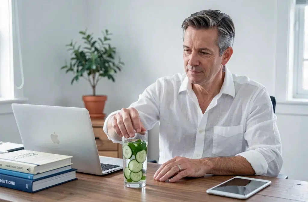 Homme en télétravail qui s'hydrate avec un verre d'eau infusée au concombre et à la menthe, symbolisant l'hydratation pour une énergie durable au bureau