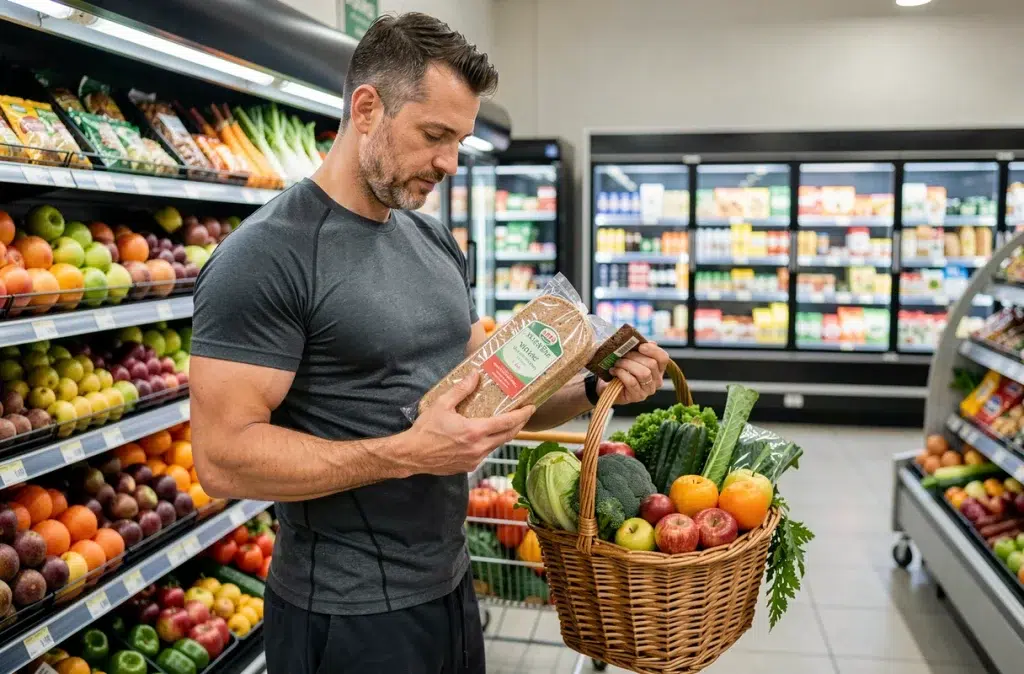 Homme lisant une étiquette nutritionnelle dans un supermarché avec un panier rempli d'aliments riches en fibres