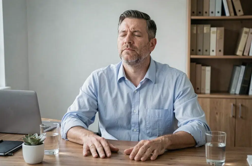 Homme en pause de travail pratiquant la respiration de cohérence cardiaque à son bureau à domicile