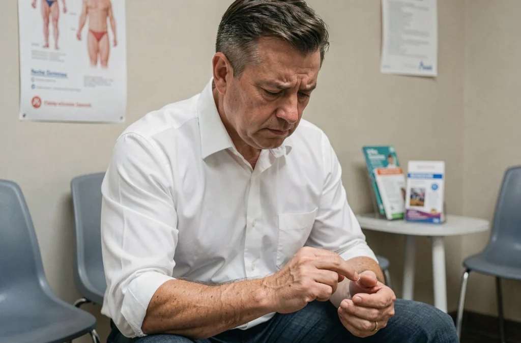 Homme d'âge mûr dans une salle d'attente médicale inspectant ses mains, illustration d'un bilan de santé lié aux symptômes du diabète