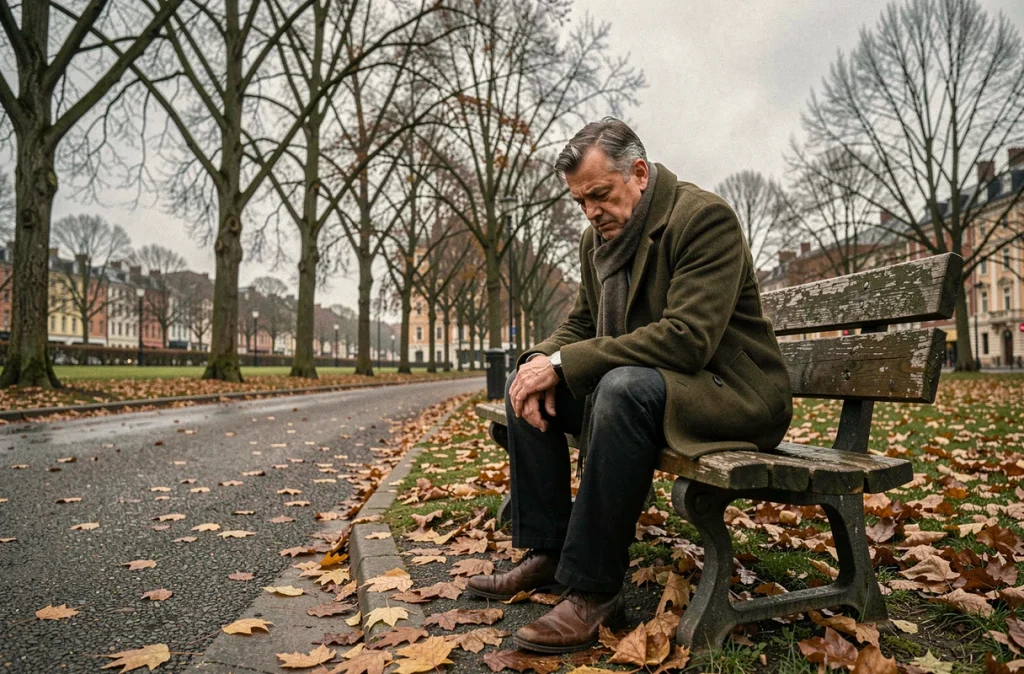 Homme adulte assis seul sur un banc en automne, symbole de la dépression saisonnière et de l'isolement