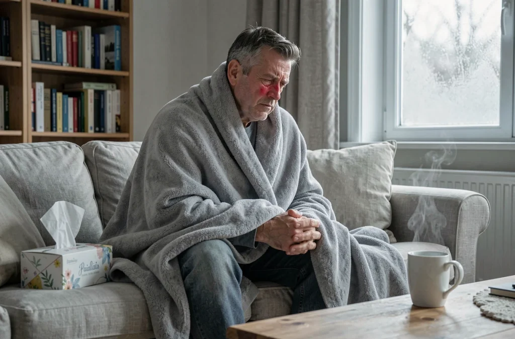 Homme enrhumé enveloppé dans un plaid avec une tisane au thym sur la table basse, en cure courte à la maison