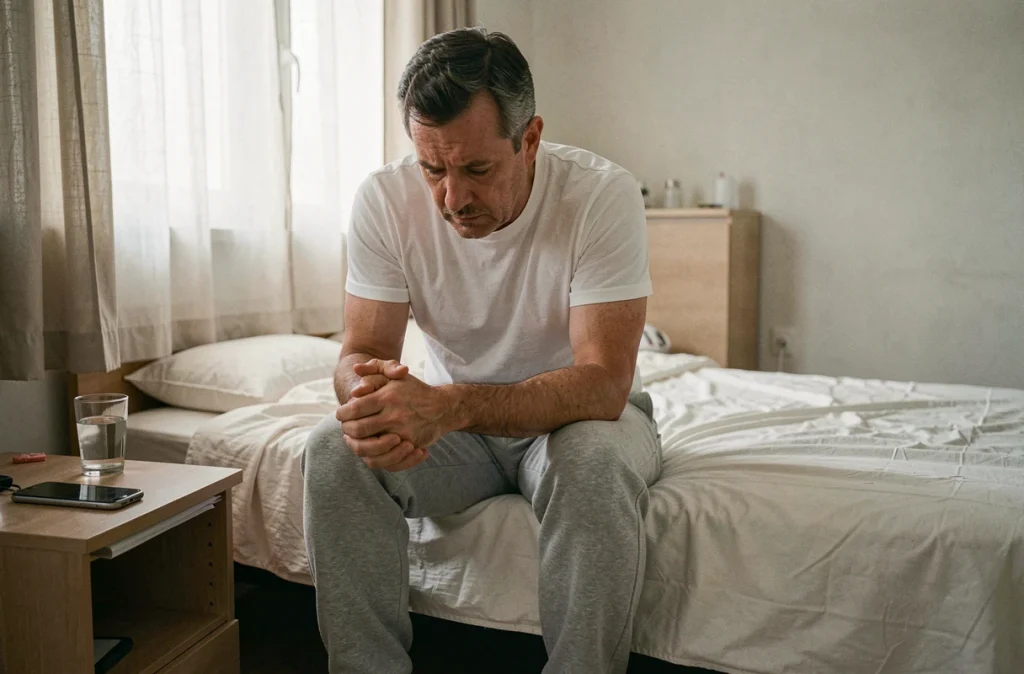 Homme assis au bord d'un lit défait dans un appartement, tête baissée, exprimant l'épuisement émotionnel lié à l'isolement social
