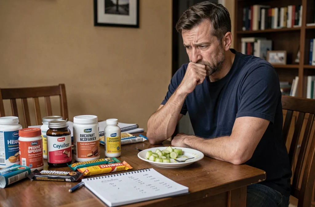 Homme fatigué assis devant une table couverte de compléments alimentaires et de légumes fades, symbolisant les erreurs d'un régime trop restrictif