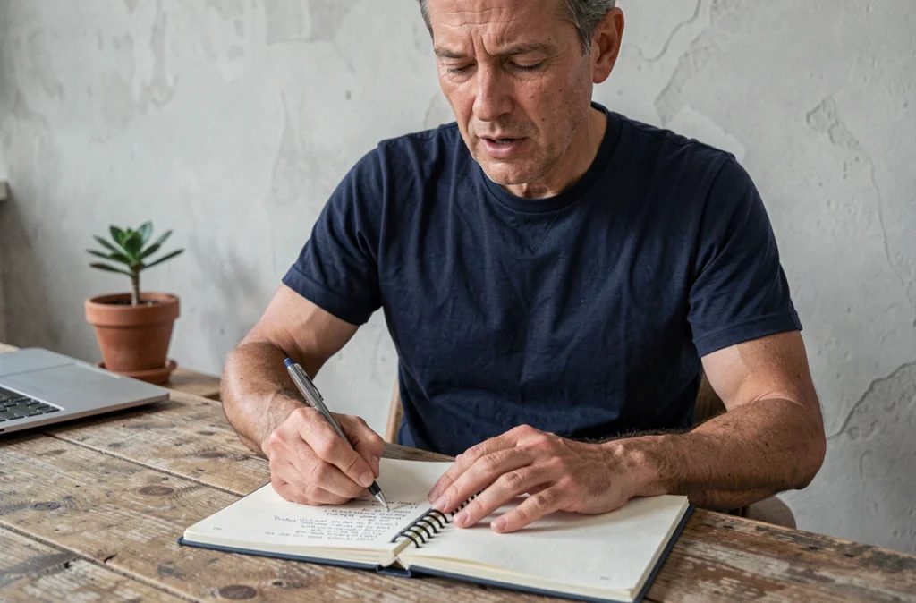 Homme en pleine séance de journaling à son bureau, prenant une pause introspective pour soutenir son équilibre émotionnel