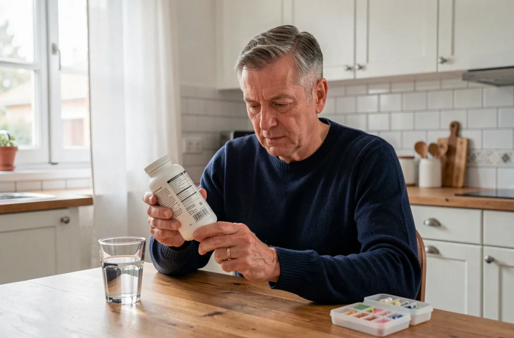 Homme mature lisant l'étiquette d'un complément alimentaire pour la glycémie dans sa cuisine
