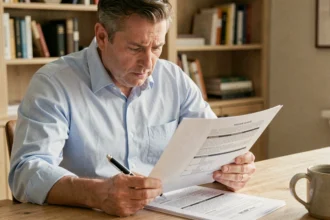 Un homme d'une quarantaine d'années examine attentivement un contrat d'assurance décès invalidité à son bureau à domicile