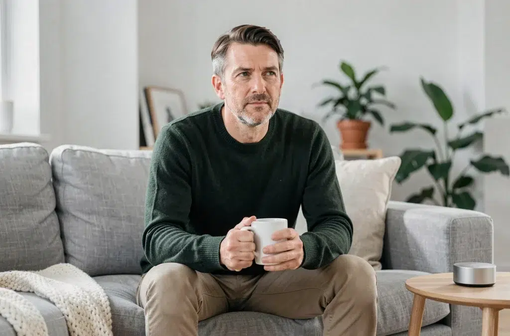 Homme se relaxant avec une lampe de luminothérapie dans un salon scandinave en hiver