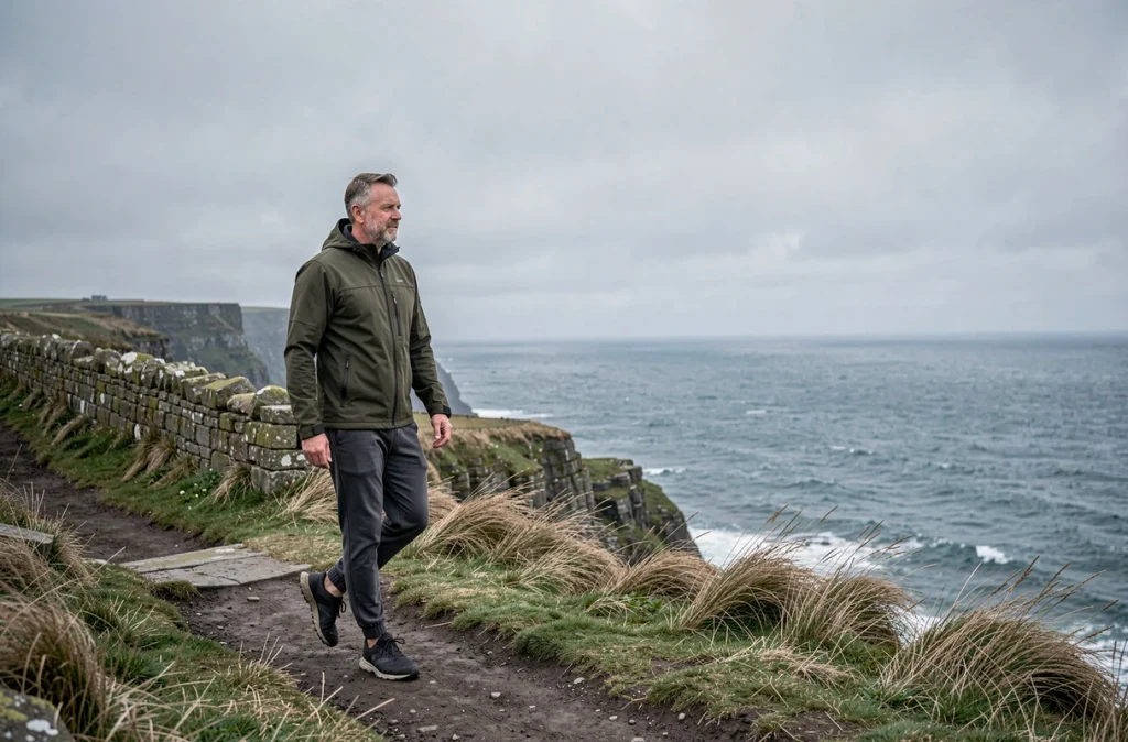 Homme en pause méditante sur un sentier côtier falaise face à la mer lors d'une marche bien-être
