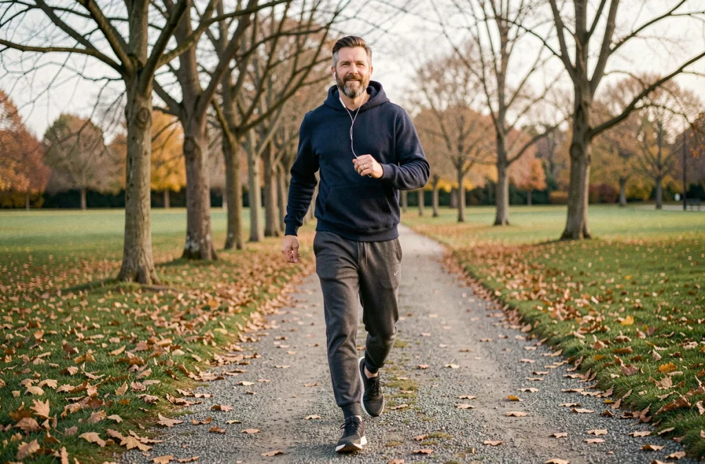 Homme en marche rapide sur un sentier de parc en automne comptant ses pas pour son objectif fitness