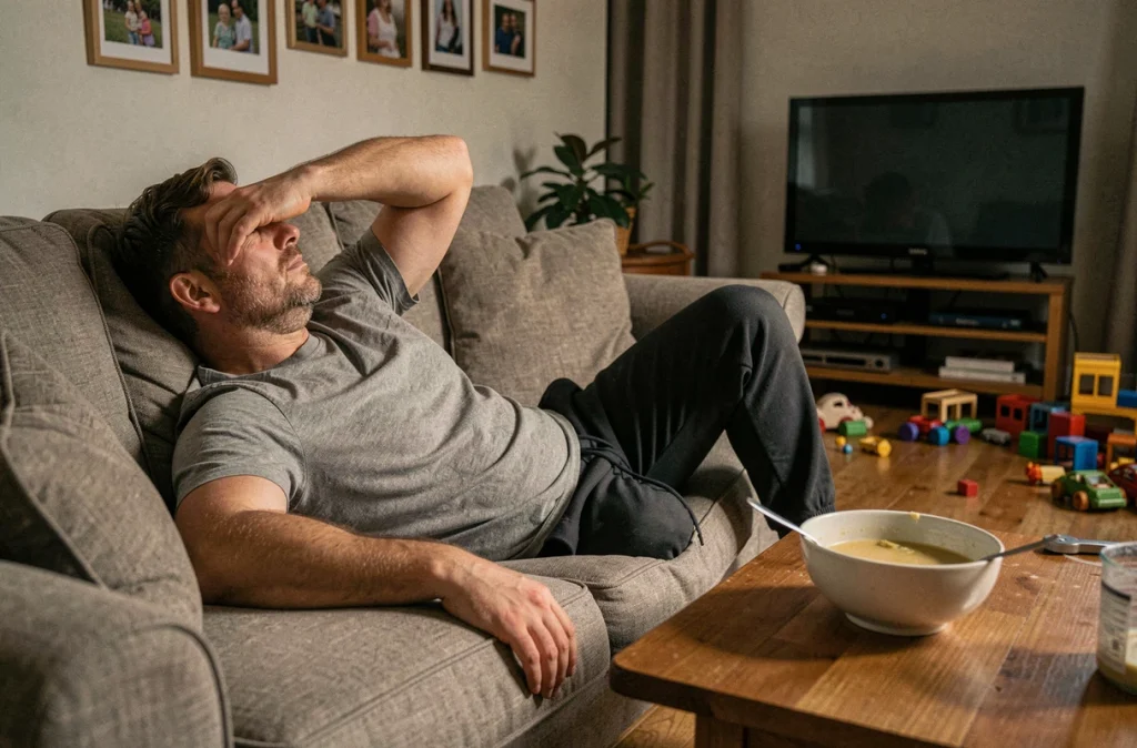 Homme allongé sur un canapé en famille souffrant d'une migraine, la main sur le visage, entouré d'un environnement domestique