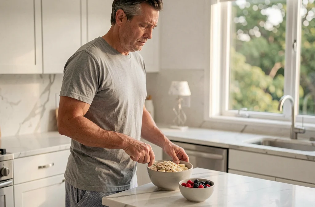 Homme préparant un petit-déjeuner sain le matin après une bonne nuit de sommeil, lien entre repos et alimentation équilibrée