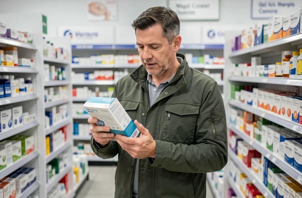 Homme en pharmacie tenant un bonnet gel anti-migraine et lisant les instructions sur la boîte