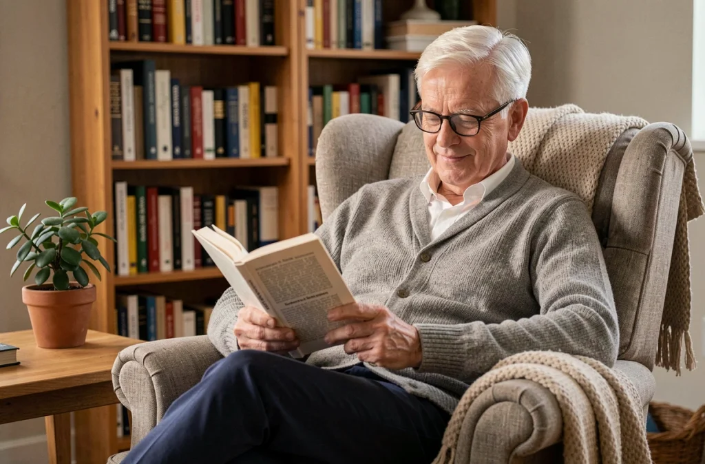Homme retraité lisant un livre dans un fauteuil confortable avant de dormir, routine de relaxation du soir pour améliorer le sommeil