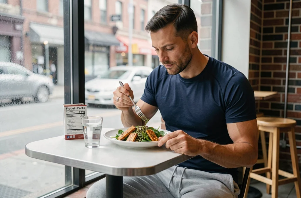 Homme mangeant une salade riche en protéines végétales dans un café urbain dans le cadre d'une alimentation minceur