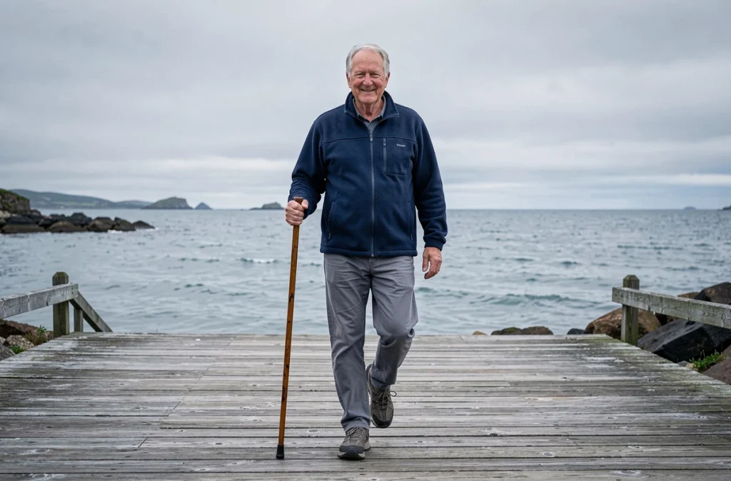 Homme senior marchant sur un bord de mer avec une canne pour travailler son équilibre