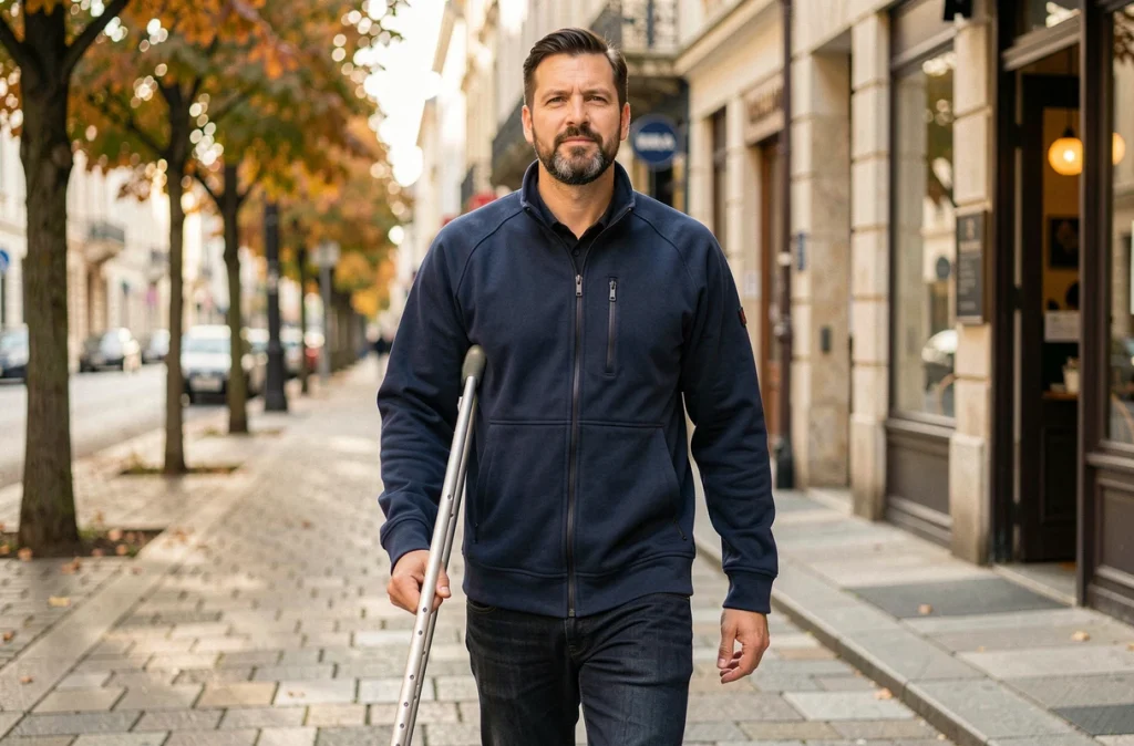 Homme atteint de sclérose en plaques marchant dans une rue urbaine avec une aide à la mobilité, exprimant détermination et résilience
