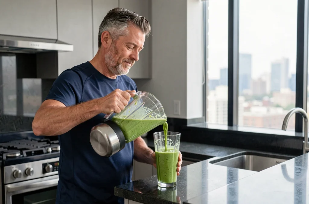 Homme versant un smoothie vert dans un verre dans une cuisine moderne dans le cadre d'un rééquilibrage alimentaire