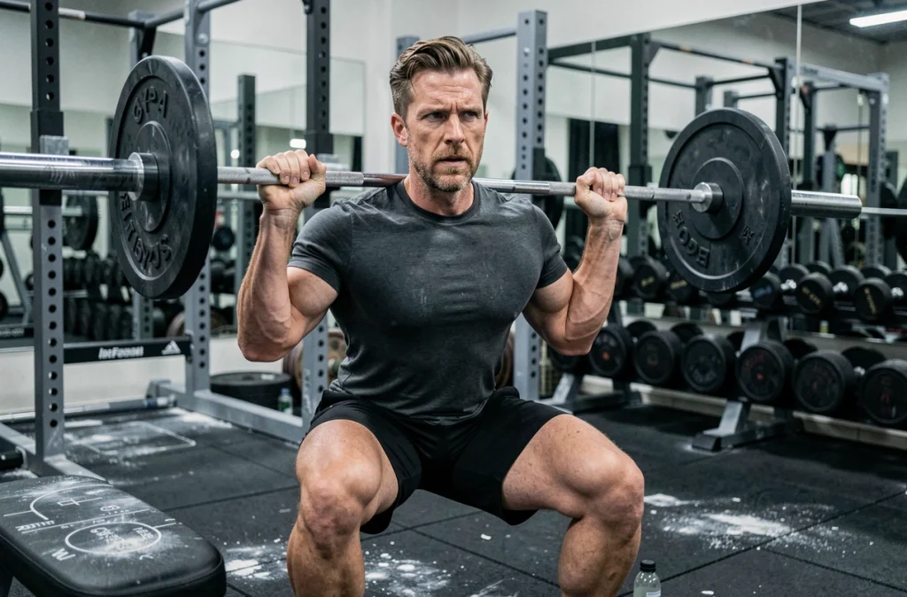 Homme effectuant des squats avec haltères dans une salle de sport moderne dans le cadre d'un programme minceur