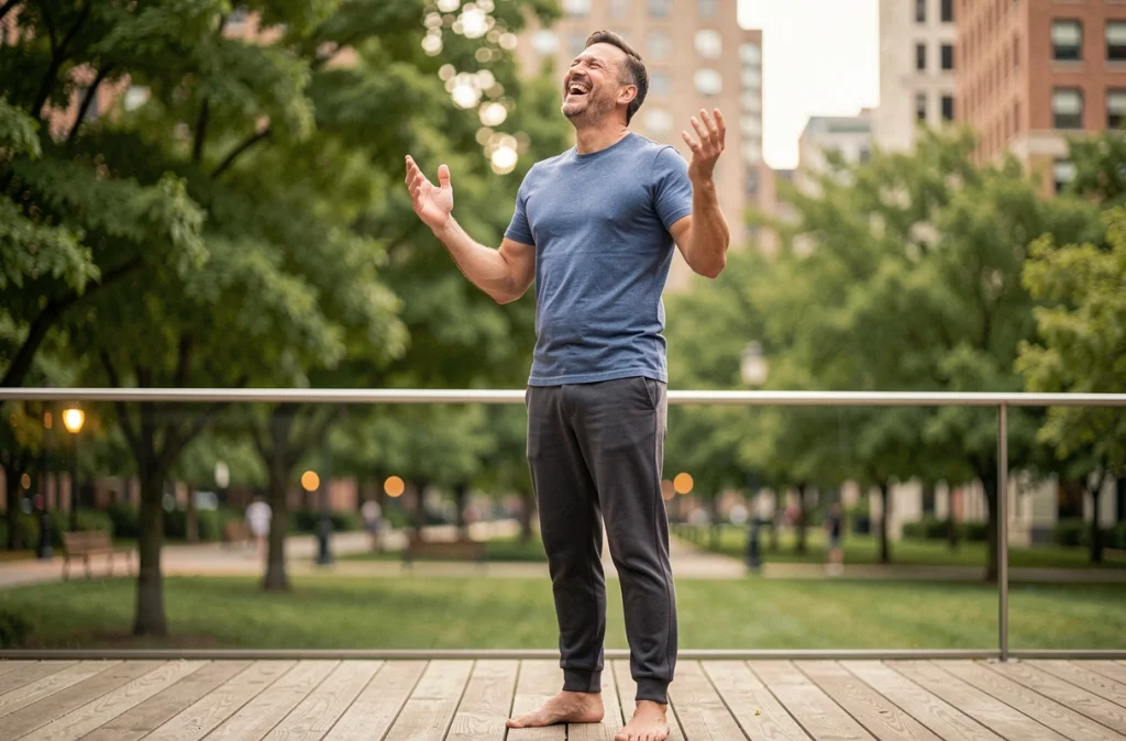Homme pratiquant le yoga du rire seul sur une terrasse en bois avec vue sur un parc urbain verdoyant