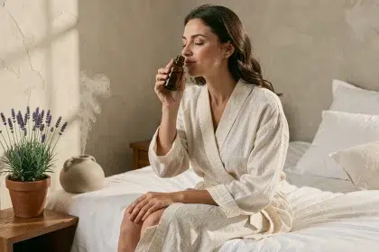 Femme en robe de lin tenant un flacon d'huile essentielle près de son visage avant de dormir